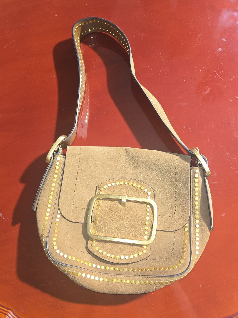 Tory Burch Sawyer Stud Suede Shoulder Bag Small Tan Brown Gold Buckle Purse
